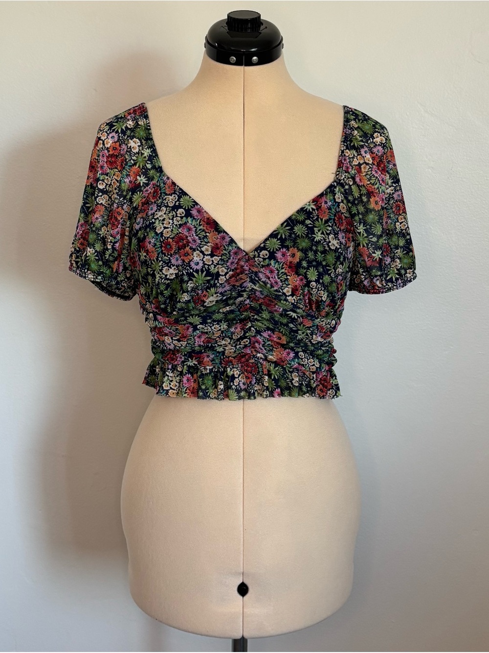 Urban Outfitters Multi Floral Ruched Mesh Crop Top Blouse, Sweetheart Peplum, S